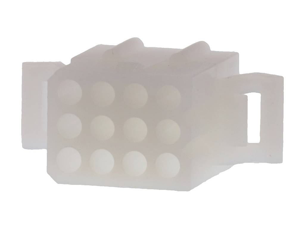 A white plastic plug with twelve sockets in a 4x3 pattern.
