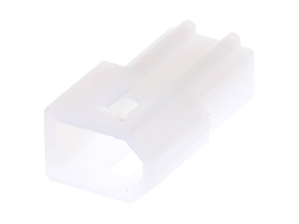A white plastic plug with a rectangular shape and three pins, commonly used in electronic or cable connections.