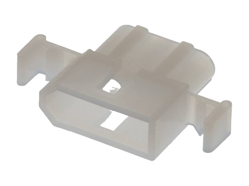A transparent plastic plug, rectangular in shape, with two side latches.