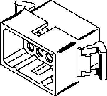 'Drawing of a rectangular electrical connector with multiple pins and a locking mechanism.'
