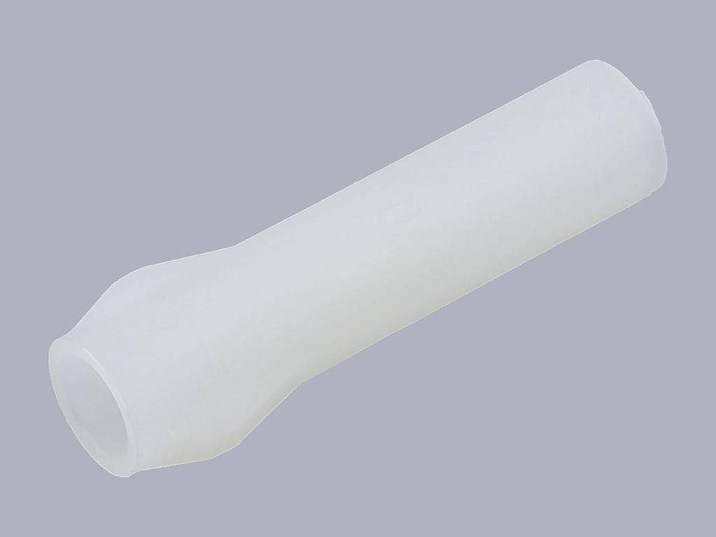 A white, cylindrical plastic connector with a slightly tapered end on a grey background.