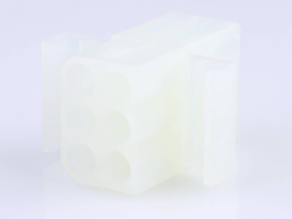 A white, translucent connector with six round terminals, presented against a light background.