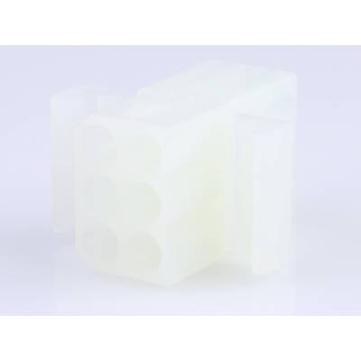 A white, translucent connector with six round terminals, presented against a light background.