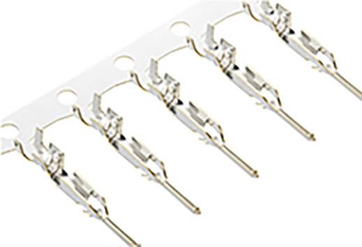 Five metallic plug contacts in a row, used for electronic connections. They are mounted on a carrier strip.