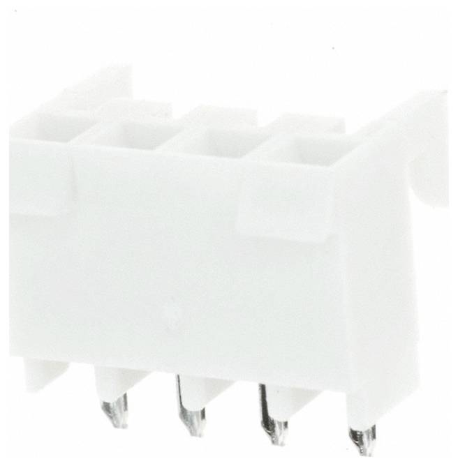 A white plastic electrical connector with four metal pins, designed for circuit board connections.