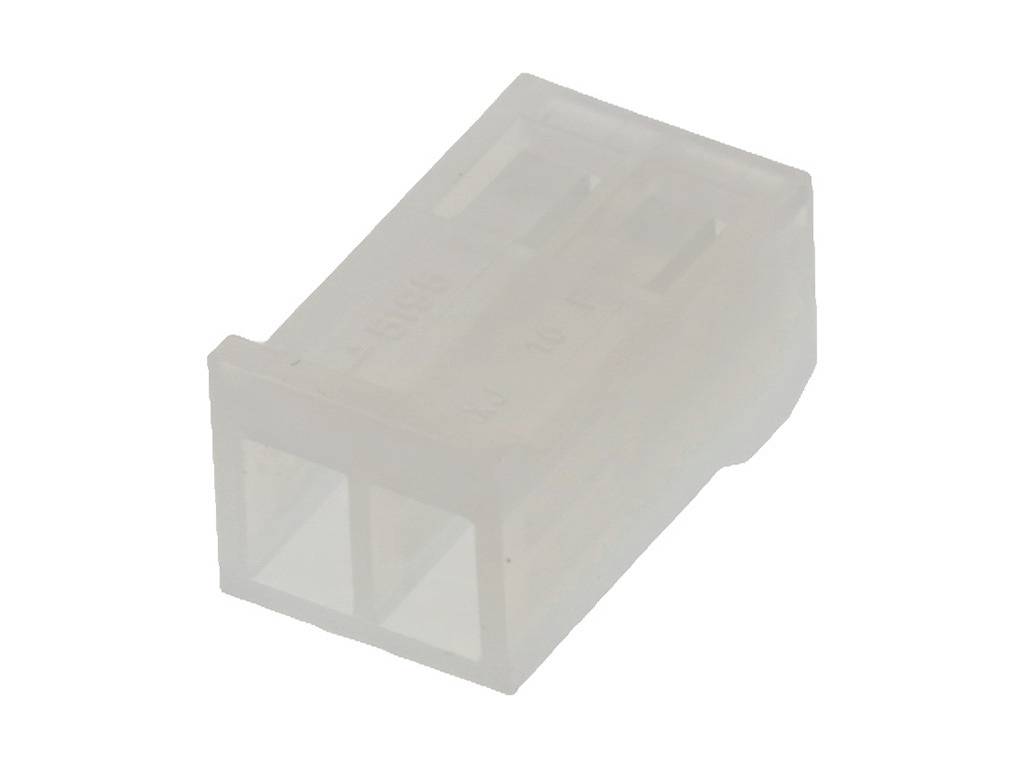 A transparent, electronic connector with two sockets. It is used to connect electrical cables within a circuit.