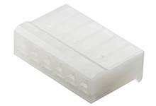 White, rectangular plastic connector with multiple terminals for connecting electrical cables, commonly used in computers.