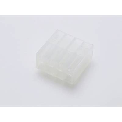 Translucent plastic plug with four terminals, suitable for electronic connections. Background is plain and light-coloured.