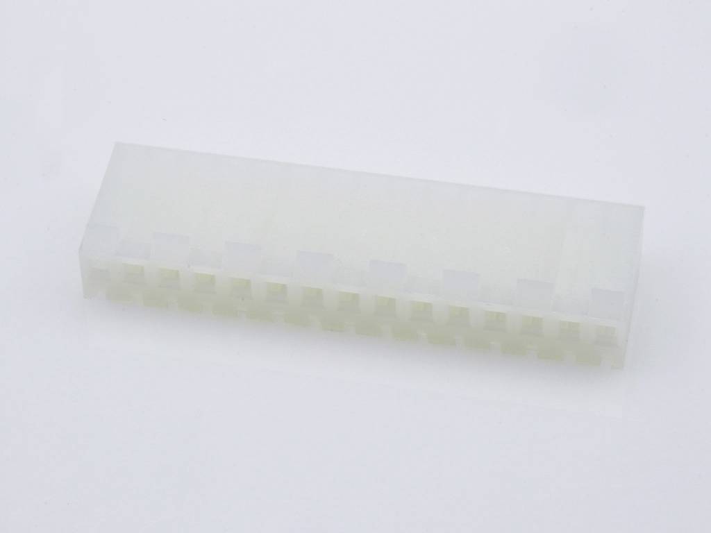 A white plastic plug with 16 square holes arranged in two rows, used for electrical connections.