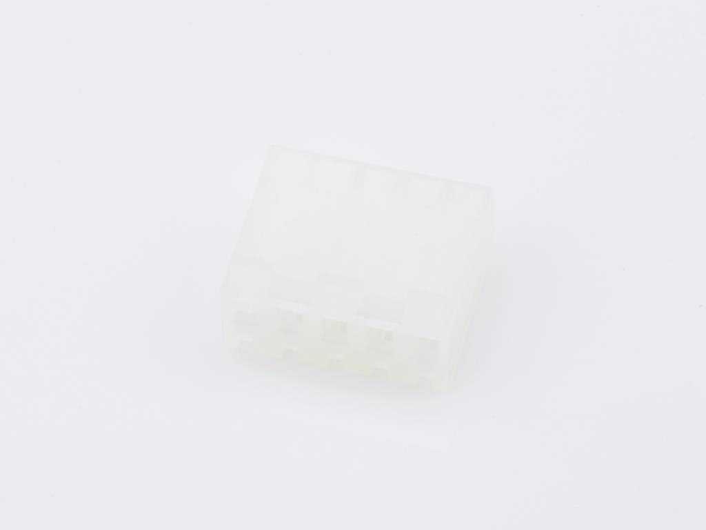 A white, rectangular plastic plug with multiple holes, likely part of an electrical or electronic connecting component, against a white background.