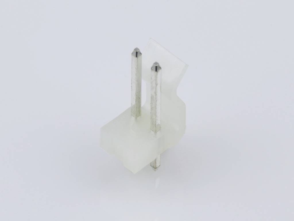 A two-pin electrical plug made of white plastic, standing upright with two metal pins, against a neutral background.