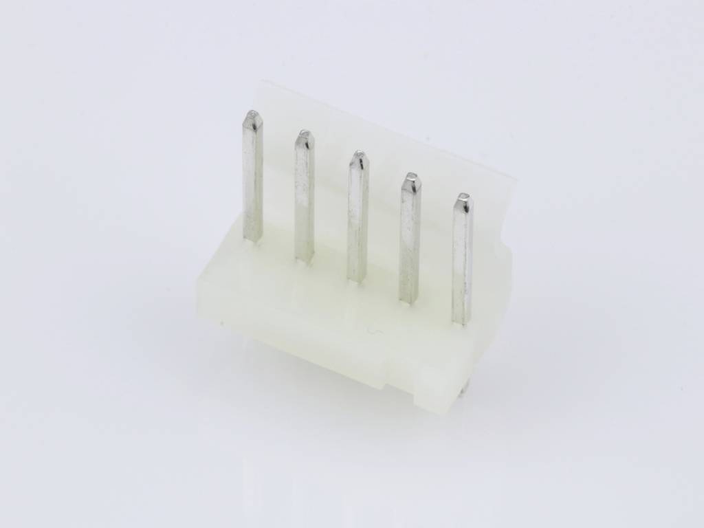 A white plastic plug with five metal pins, used in electronic devices to connect components.