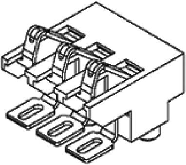 Technical line drawing of an electrical connector with three connection pins and three lever mechanisms for cable securing.