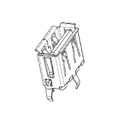Black and white technical drawing of an electronic connector with multiple pins and a rectangular shape.