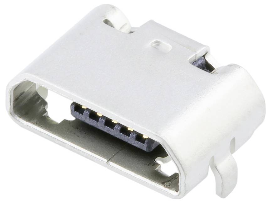 A close-up image of a metal USB-C connector, showing pins inside the port, used for data transfer and charging devices.