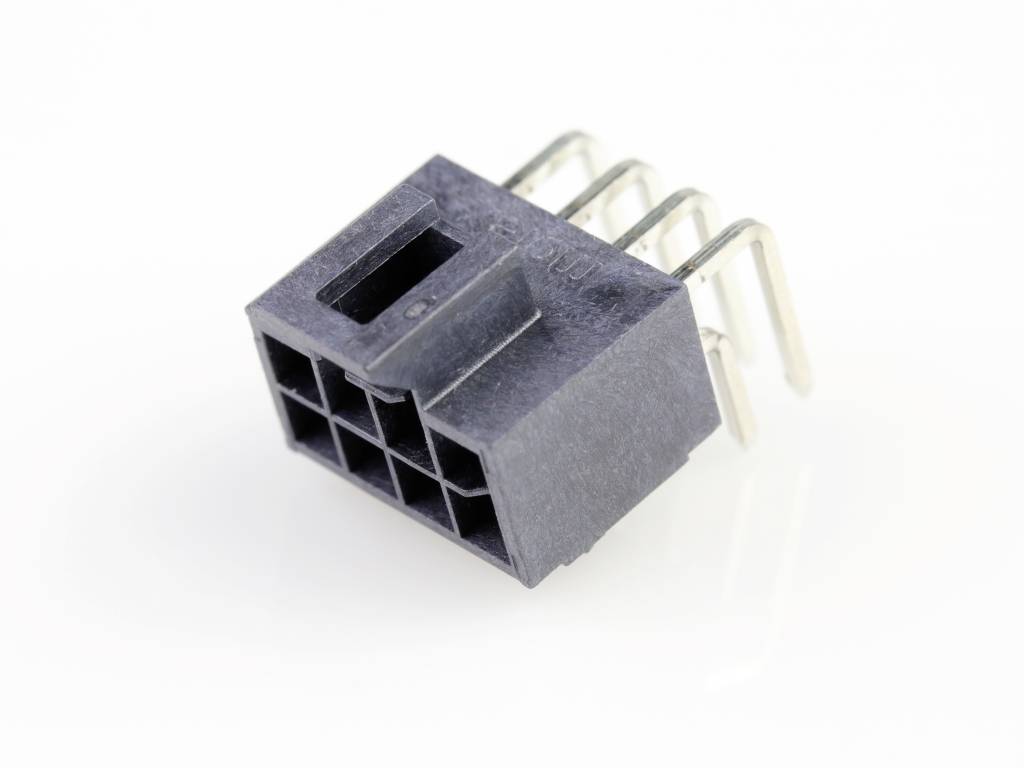 A black plastic plug with six metallic pins, horizontally aligned on a white background.