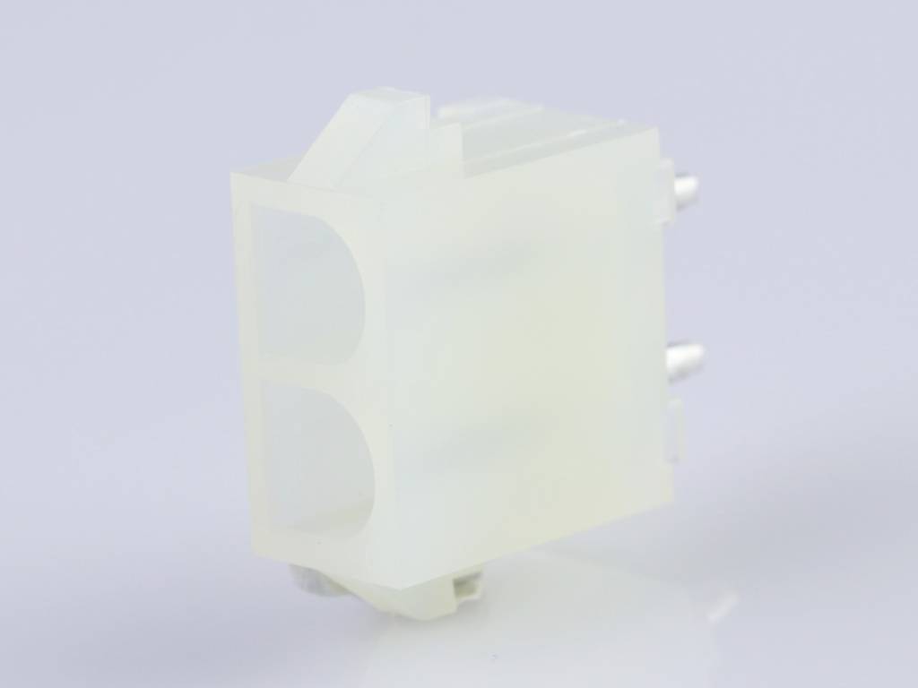 A transparent plastic plug with metal pins, used for electrical connection.