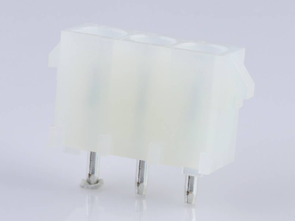 White, translucent plastic plug with three metal pins, on a white background. Suitable for electrical connections.