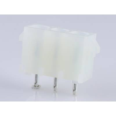 White, translucent plastic plug with three metal pins, on a white background. Suitable for electrical connections.