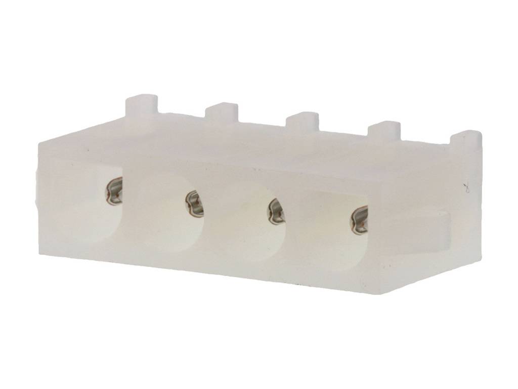 A white, rectangular plastic plug with three rounded recesses for electrical connections.