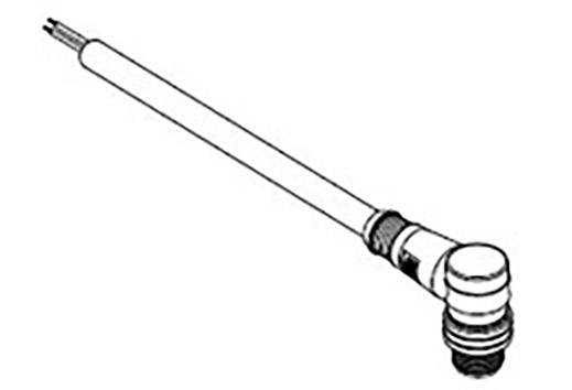 A technical drawing of an L-shaped plug with a long cable. The plug has a round, knurled base.