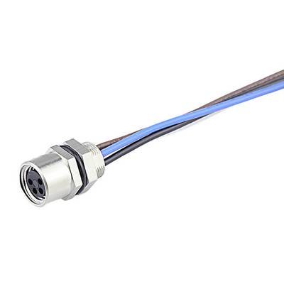 Metallic round connector with four coloured wires: black, blue, brown, grey.