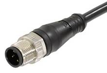 An M12 connector with cable, commonly used for industrial automation applications.