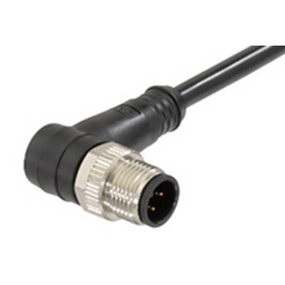 A black, angled plug with a metallic thread and three golden contact pins on a cable.