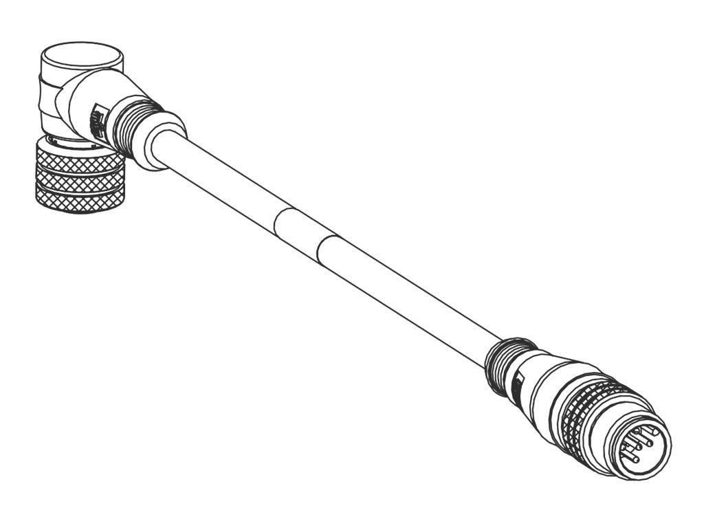 'Drawing of a cable with an angled plug on the left and a straight plug on the right, both circular connectors with multiple pins.'