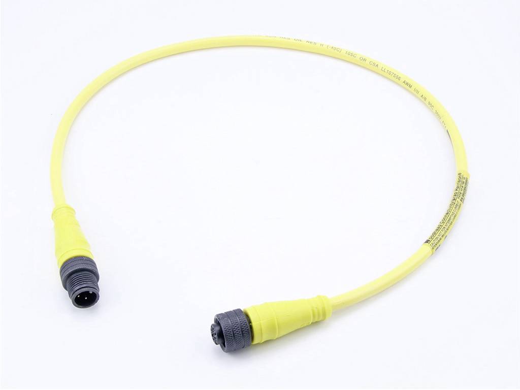 Yellow cable with black connectors at both ends, pictured against a white background.