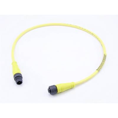 Yellow connection cable with two black plugs at the ends, curved in a half-circle on a white background.