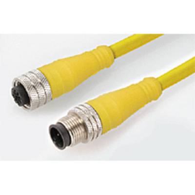 Two yellow cables with silver connectors, one male and one female connector type, on a light background.