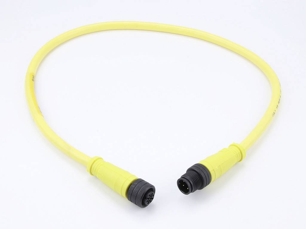 Yellow round cable with black connectors at both ends, on a white background.