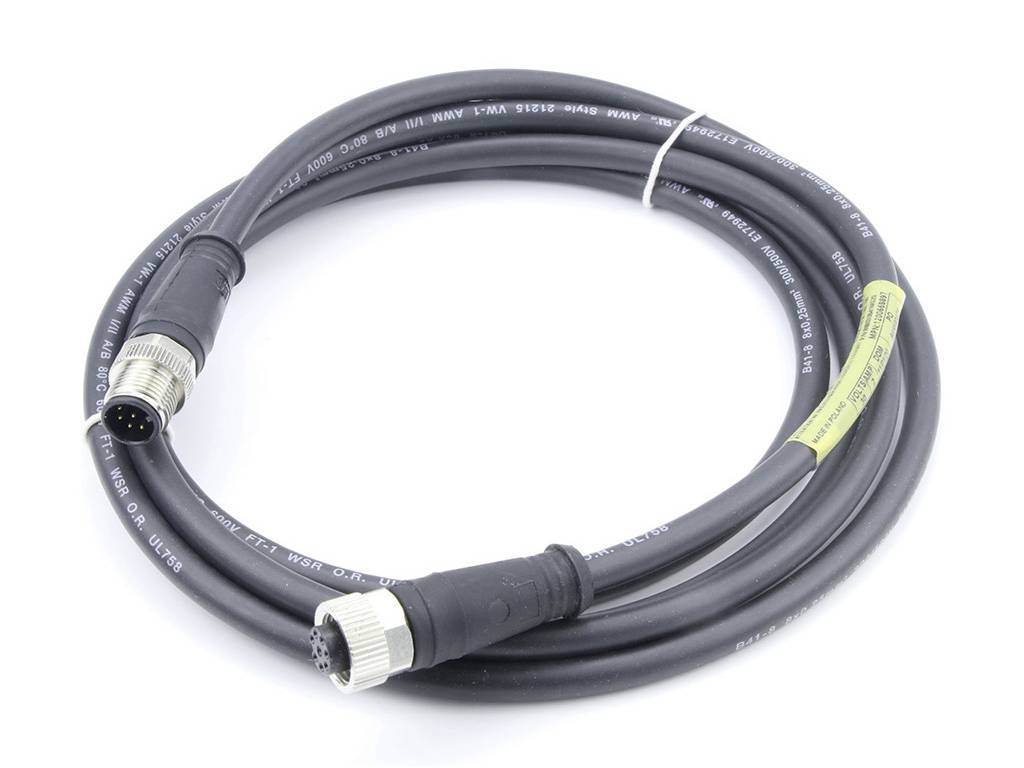 'Black coaxial cable with round connectors at both ends, coiled on a white background.'