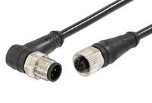 'Two M12 connectors, one straight and one angled, with black cable. Commonly used in industrial applications.'