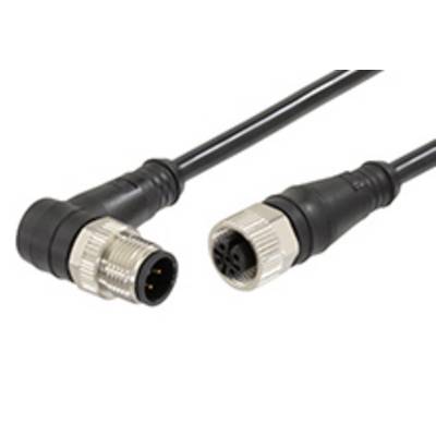 'Two M12 connectors, one straight and one angled, with black cable. Commonly used in industrial applications.'