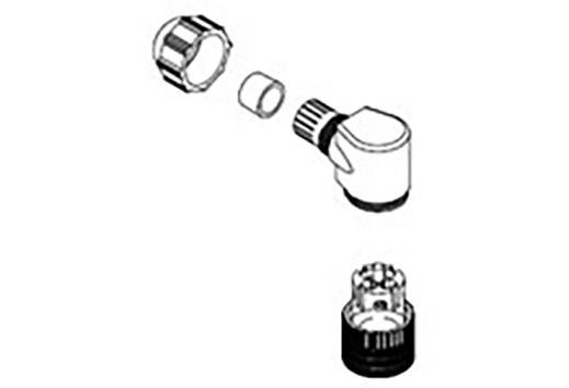 Exploded diagram of a valve with four separated parts: a large threaded plug, a small cylinder, the main body of the valve, and a lower element.