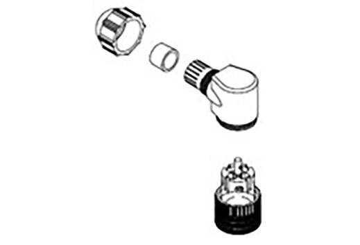 Exploded diagram of a technical component with four individual parts: main body, ring, plug connections, and lower housing section.