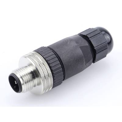 M12 connector, cylindrical, made of metal and plastic, used for industrial sensors and actuators.