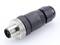 M12 connector, cylindrical, made of metal and plastic, used for industrial sensors and actuators.