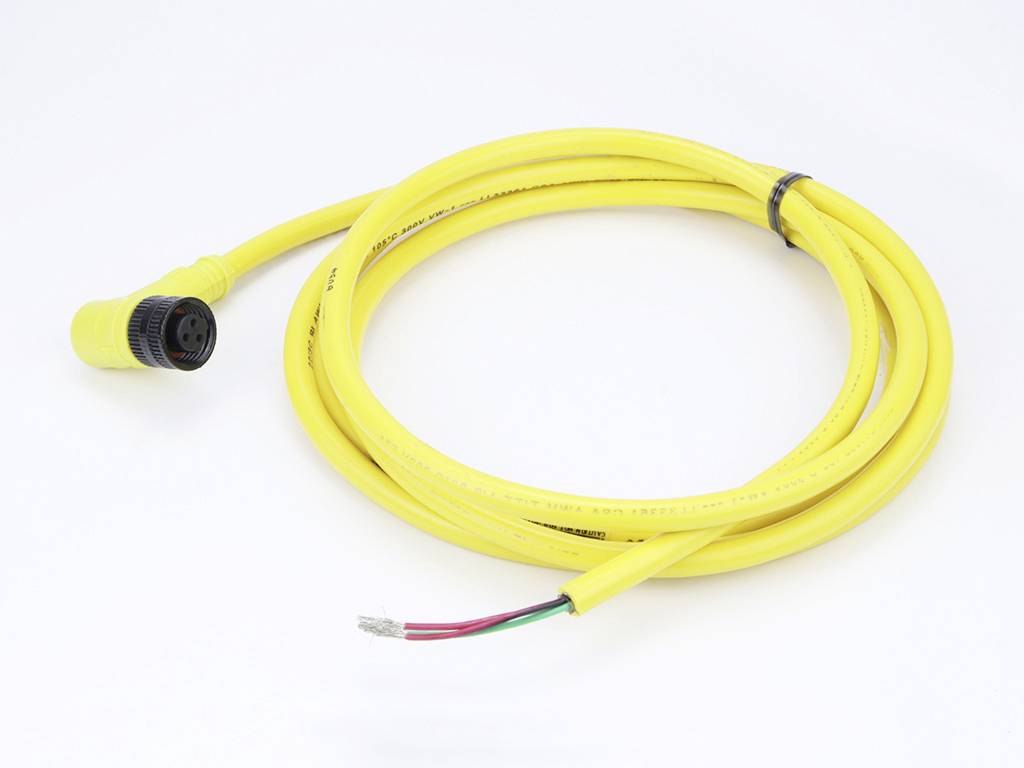 Yellow connecting cable with a round, black plug on one end and exposed wires in red, green, and black at the other end.