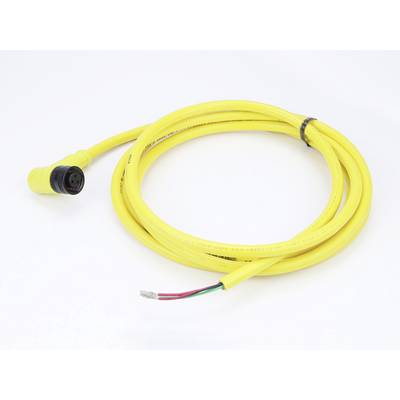 Yellow connecting cable with a round, black plug on one end and exposed wires in red, green, and black at the other end.