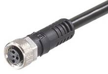 Black and silver round connector cable with four pins, commonly used for industrial or electronic applications.