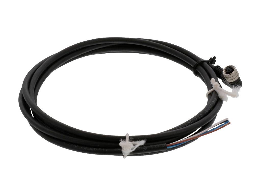 Black cable with connection plug and exposed wires at the other end, suitable for electrical connections and wiring.
