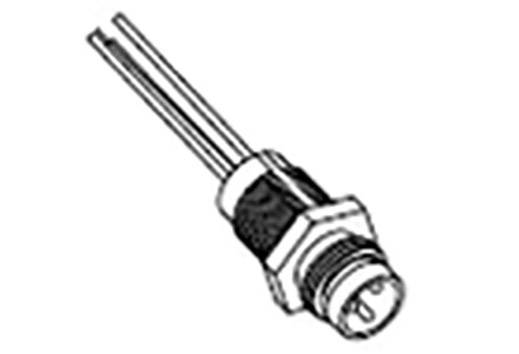 Black and white drawing of a two-pin plug with a screw thread, typical of electrical or electronic connections.