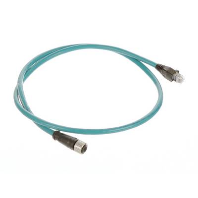 A green network cable with an M12 and an RJ45 connector at its ends, used for data transmission in industrial networks.