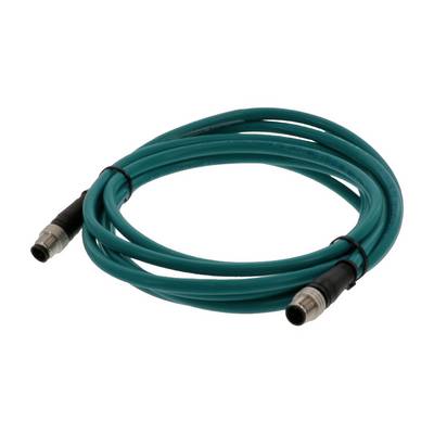 A green Ethernet cable with black connectors, laid in a loose loop.