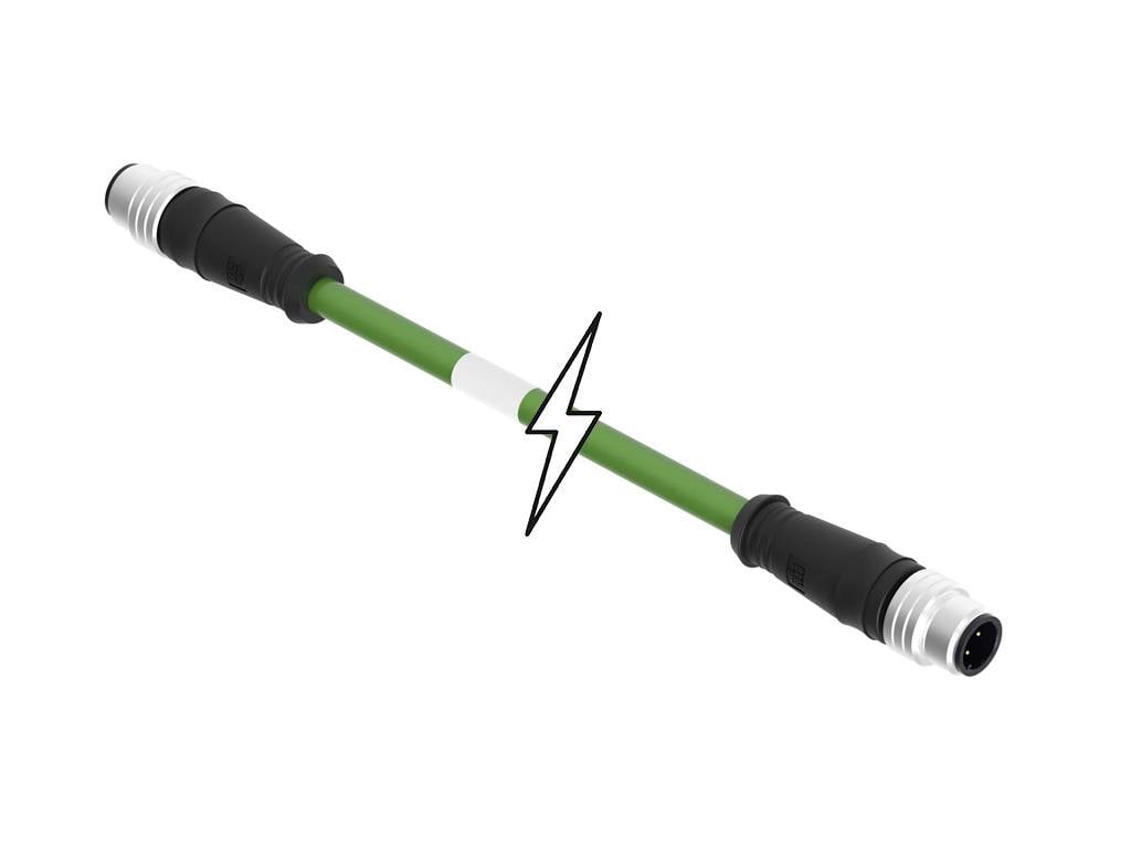 'Green connection cable with black, rubberised ends, with a lightning symbol in between. Presumably used for electrical power transmission.'