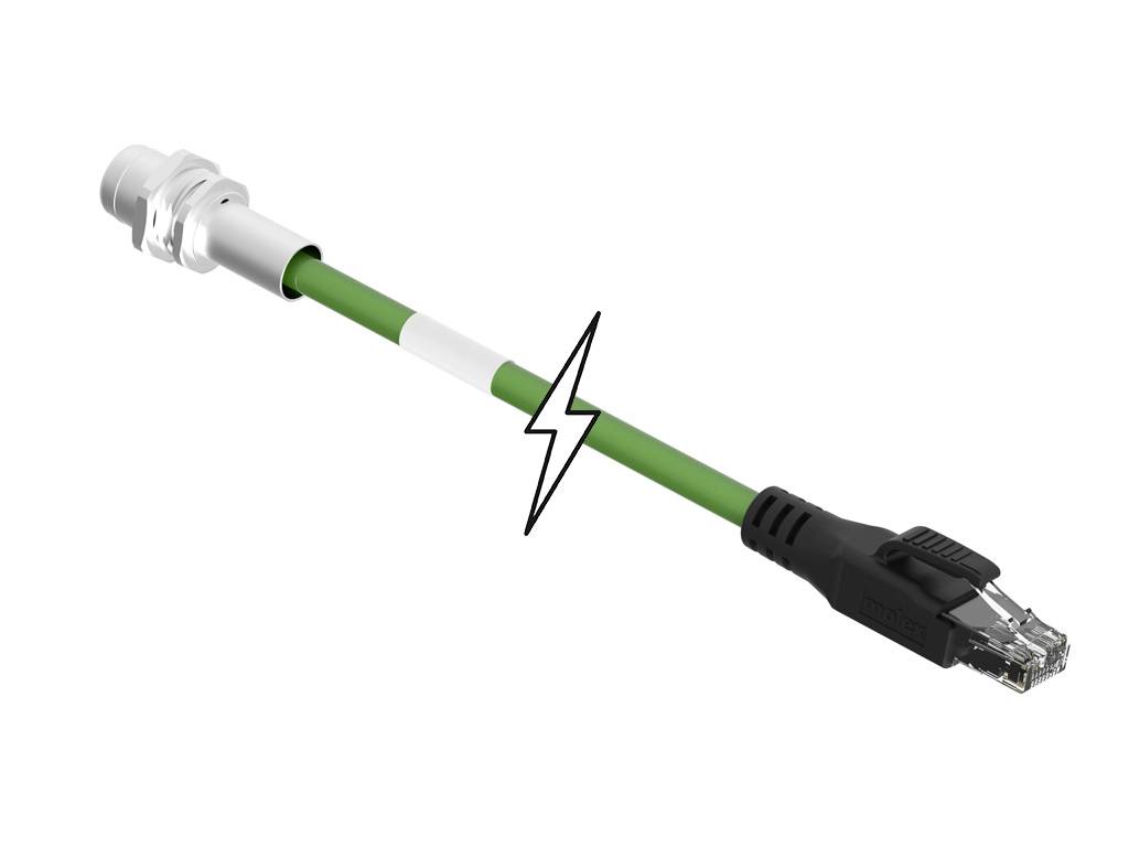 Green network cable with plugs at both ends and a lightning symbol in the middle, indicating voltage or electrical connection.