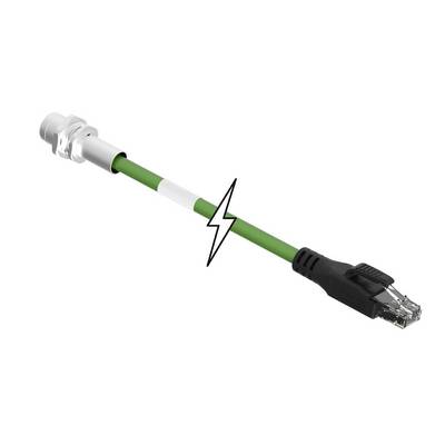 Green network cable with plugs at both ends and a lightning symbol in the middle, indicating voltage or electrical connection.